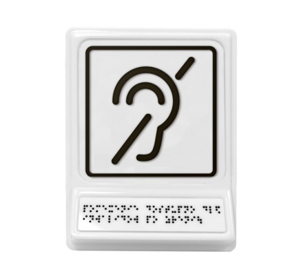 Тактильная пиктограмма с наклонной зоной. Знак доступности для инвалидов по слуху. 240х180х30 черная на белом фоне