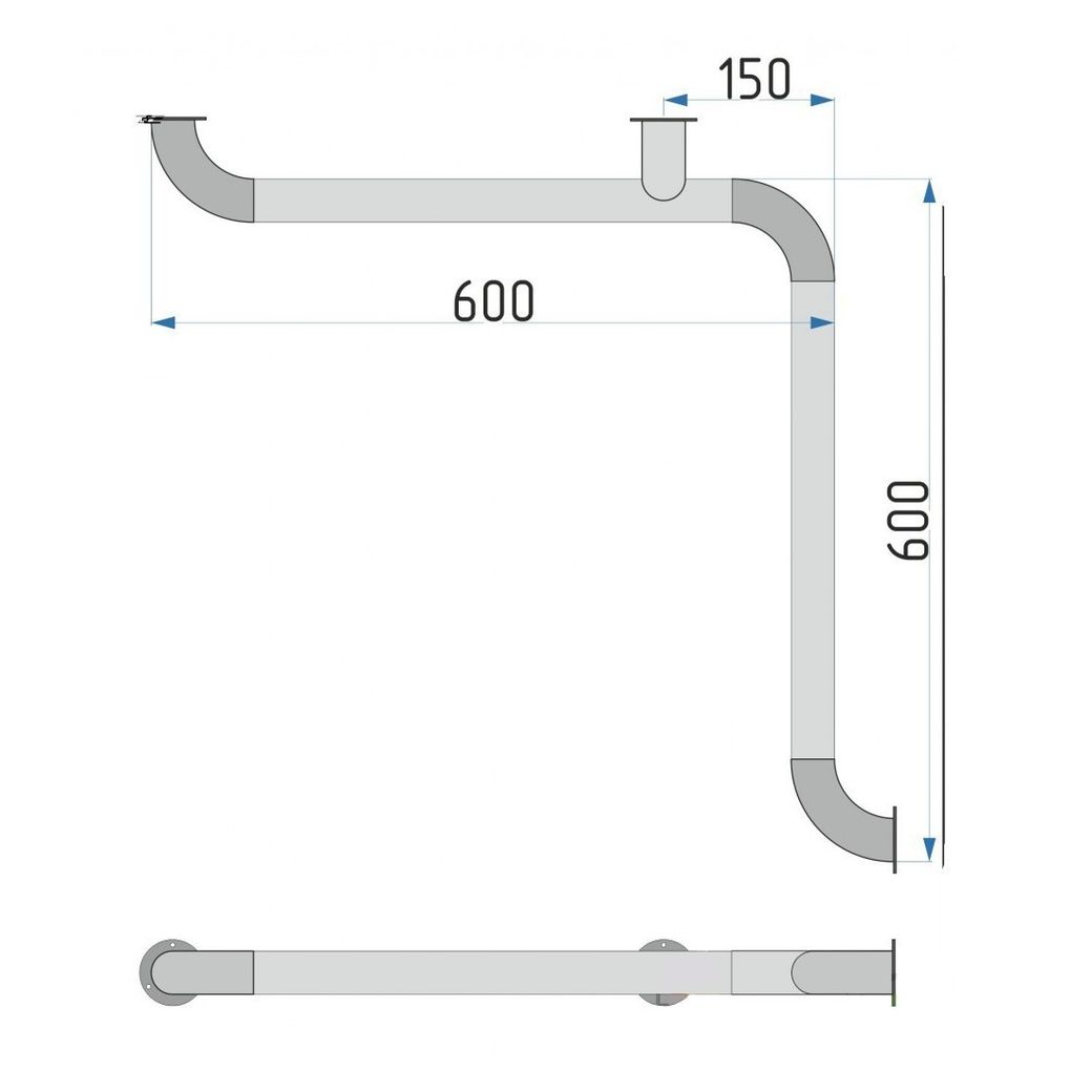 Поручень для ванны, туалета, внутренний угол 90°, длина 600х600 мм
