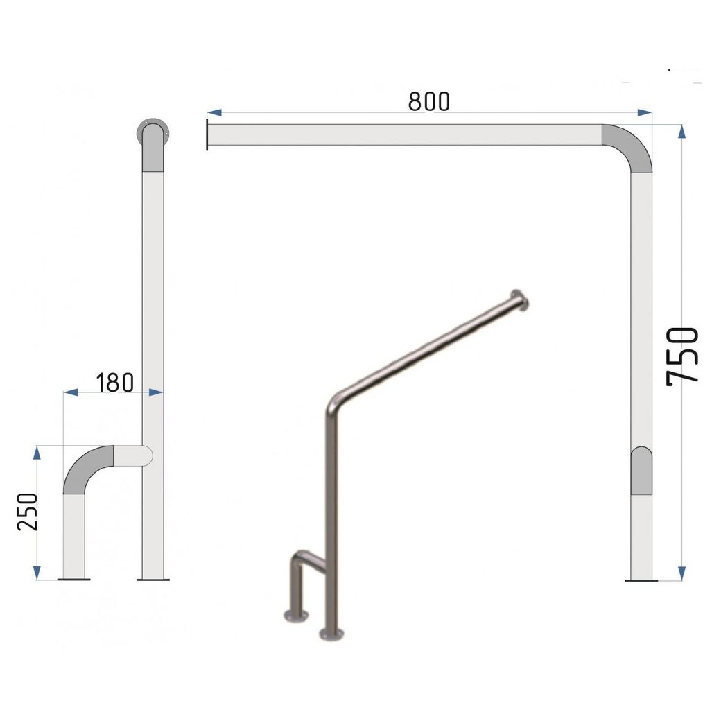 Поручень для санузла с двойной опорой к стене и полу, правый
