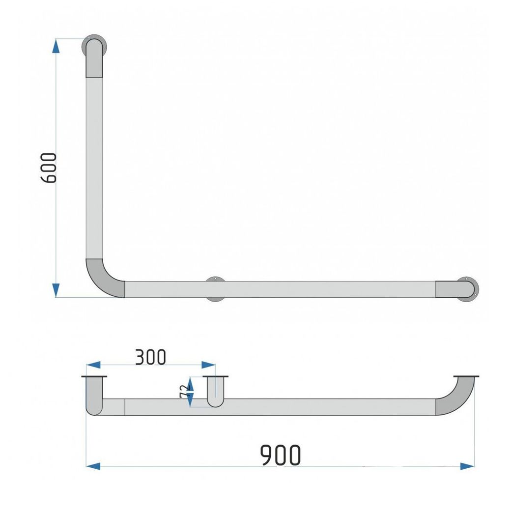 Поручень угловой Г-образный (левый) 90°, 900х600 мм