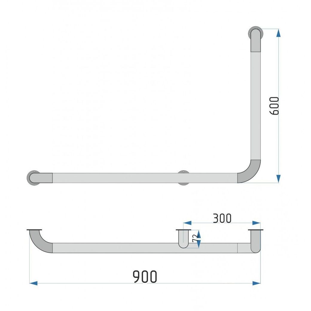 Поручень угловой Г-образный (правый) 90°, 900х600 мм