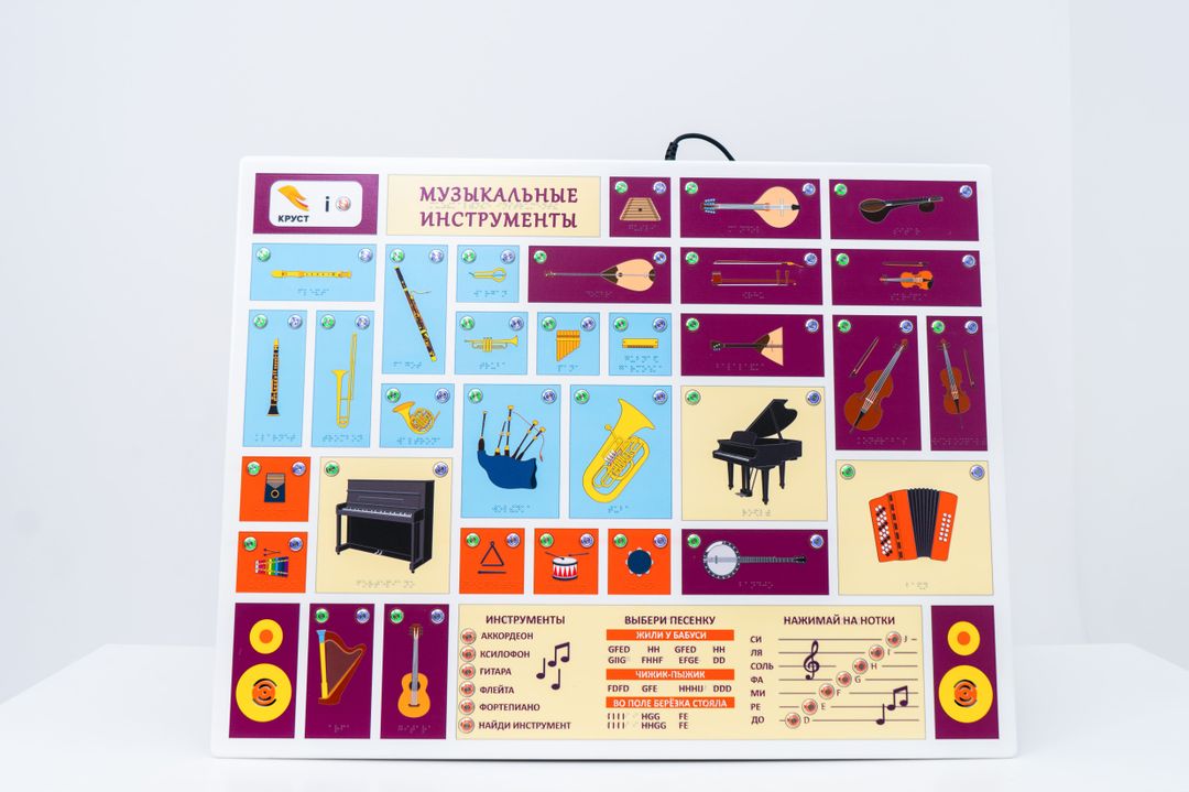 Стенд тактильно-звуковой обучающий Музыкальные инструменты 840х640